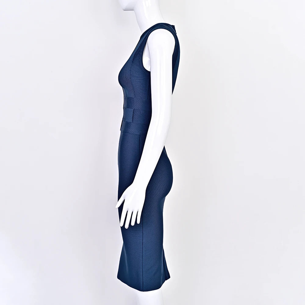 BEAUKEY 2025 New Trendy Vintage Woven Evening Bandage Dress Navy Blue Party Bodyon Dress Women Luxury Celebrity Elegant Dresses
