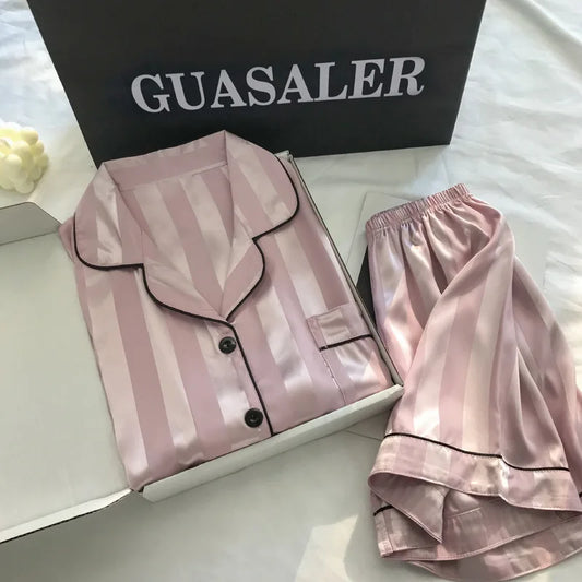 Women's Ice Silk Pyjama Set – Short Sleeve Top & Shorts Striped Satin Home Clothes
