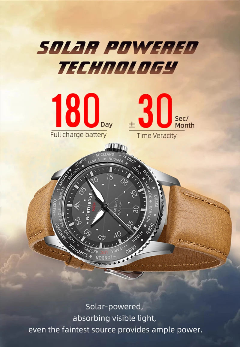 NORTH EDGE MACH Solar Power Quartz watch Men Waterproof 50M Men's Pilot Sports Wristwatches Luminous Enviormentally Clock