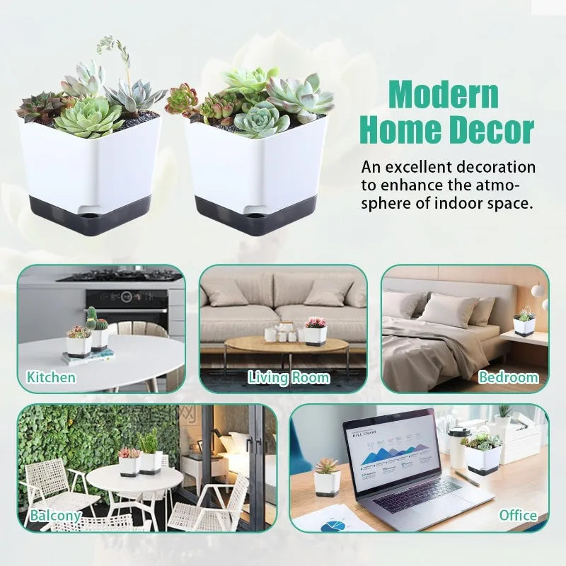 5-Piece Self-Watering Plant Pots with Drainage & Clear Saucer – Indoor & Outdoor Planters