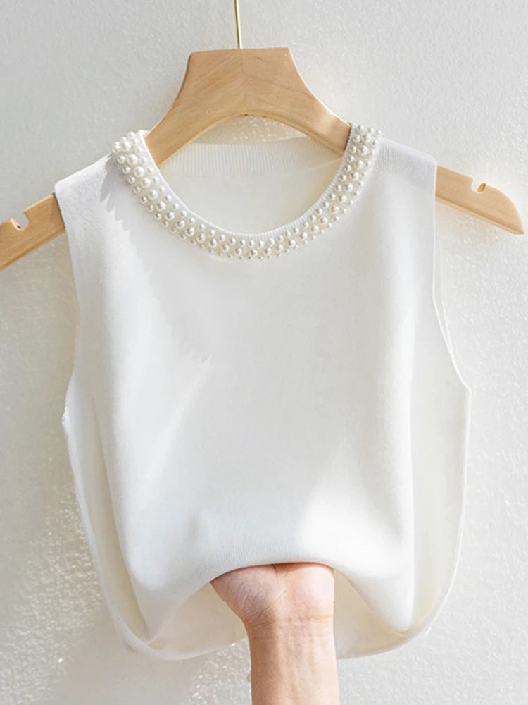Korean Knitted Beaded Sleeveless Vest Top – Women's Casual Summer Fashion