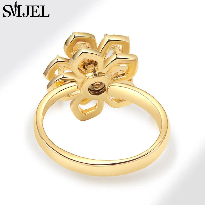 Bohemia Fidget Spinner Ring Anxiety for Women Multiple Crystal Flower Adjustable Open Rings Rotate Anti Stress Wedding Jewelry