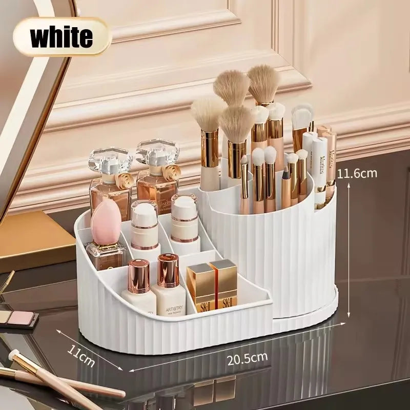 360° Rotating Vanity Makeup Organiser with Brush Holder – Skincare Storage