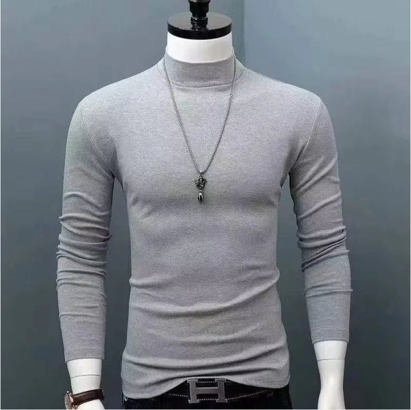 Fashion Men's Oversize High Collar Long Sleeves Autumn Winter Pure Thermal Shirt for Men Layering Stylish T-Shirt