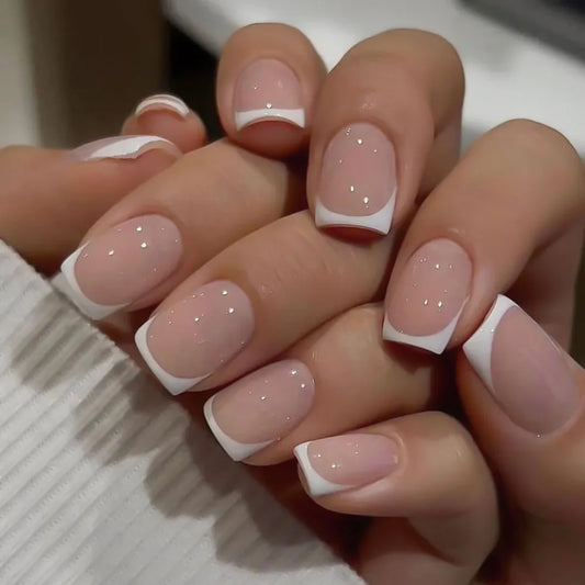24-Piece Short Square Press-On Nails – Y2K French Heart White Bridal Tips
