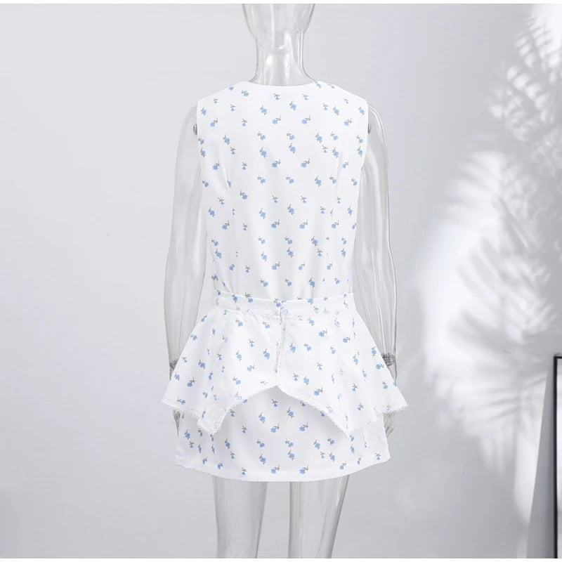 Elegant Printed Women's Dress Sleeveless Square Collar Waist-Closed Lady Mini Dresses With Waist Tape 2026 Summer Female Robe