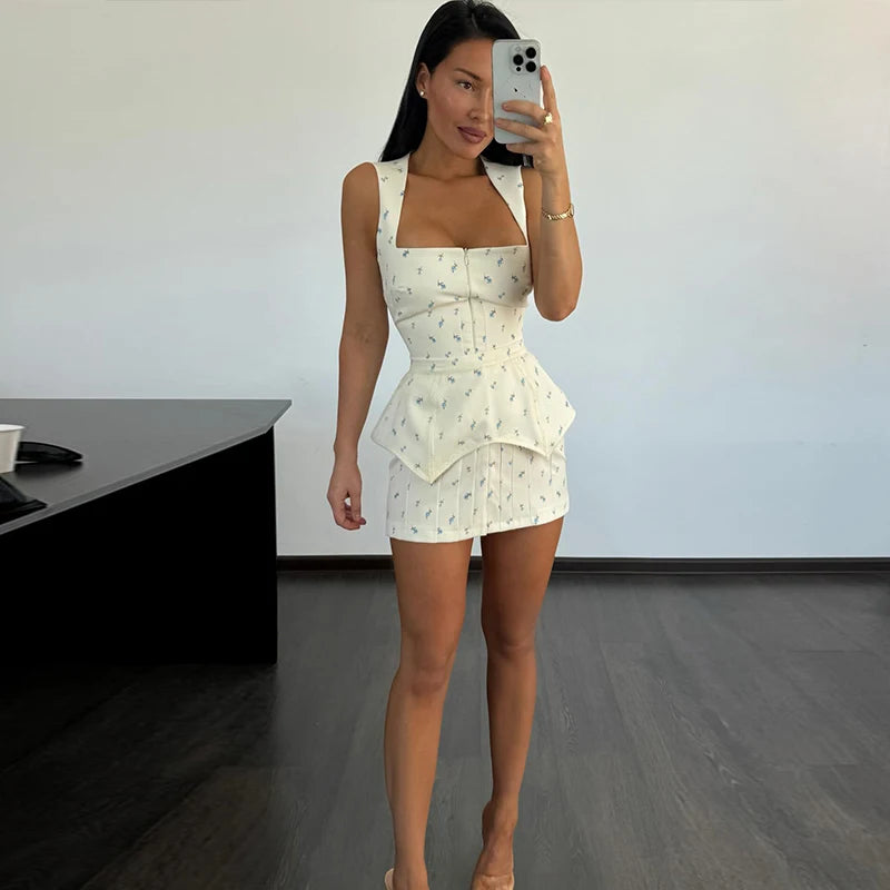 Elegant Printed Women's Dress Sleeveless Square Collar Waist-Closed Lady Mini Dresses With Waist Tape 2026 Summer Female Robe