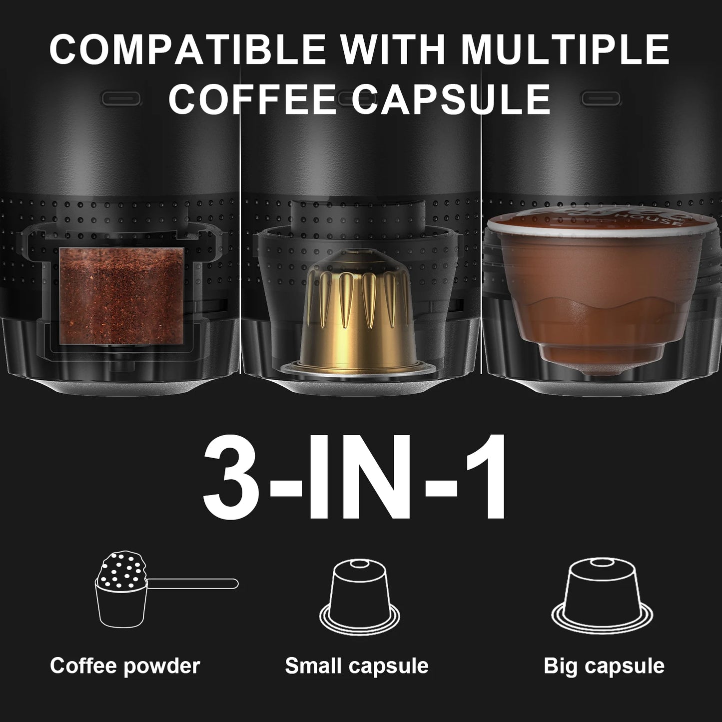 3-in-1 Portable Espresso Coffee Maker – Capsule, Powder & Travel Coffee Machine