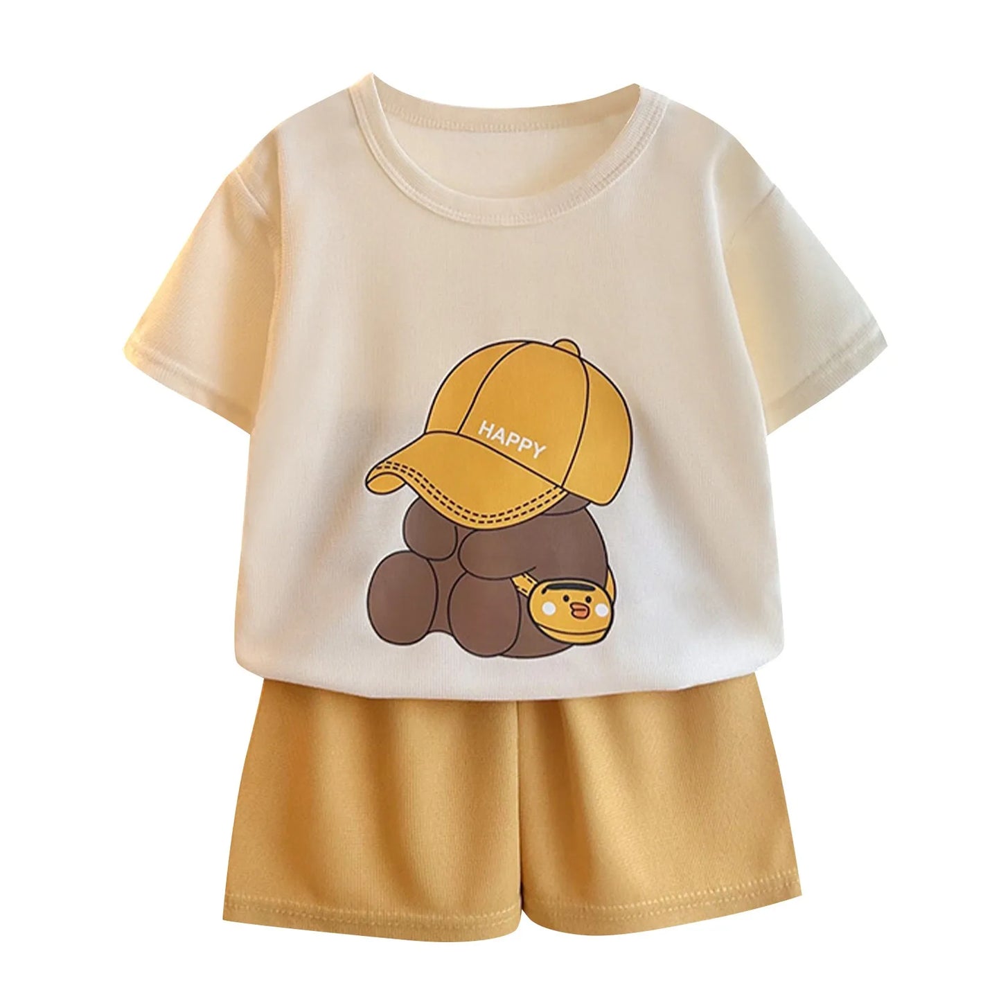 Children Boys 2pcs Tracksuits Cotton Bear Printed Short Sleeves+Shorts Kids Boys Outfits Loose Round Collar Little Boys Tee Suit