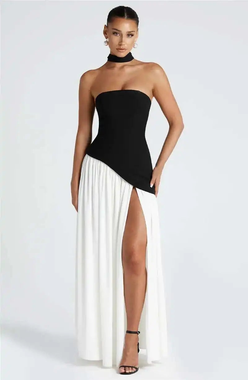 Elegant Off-shoulder Strapless Sexy Summer Party Women Gown Patchwork Pleat Scarf Neck Holiday Evening High Split Long Dresses