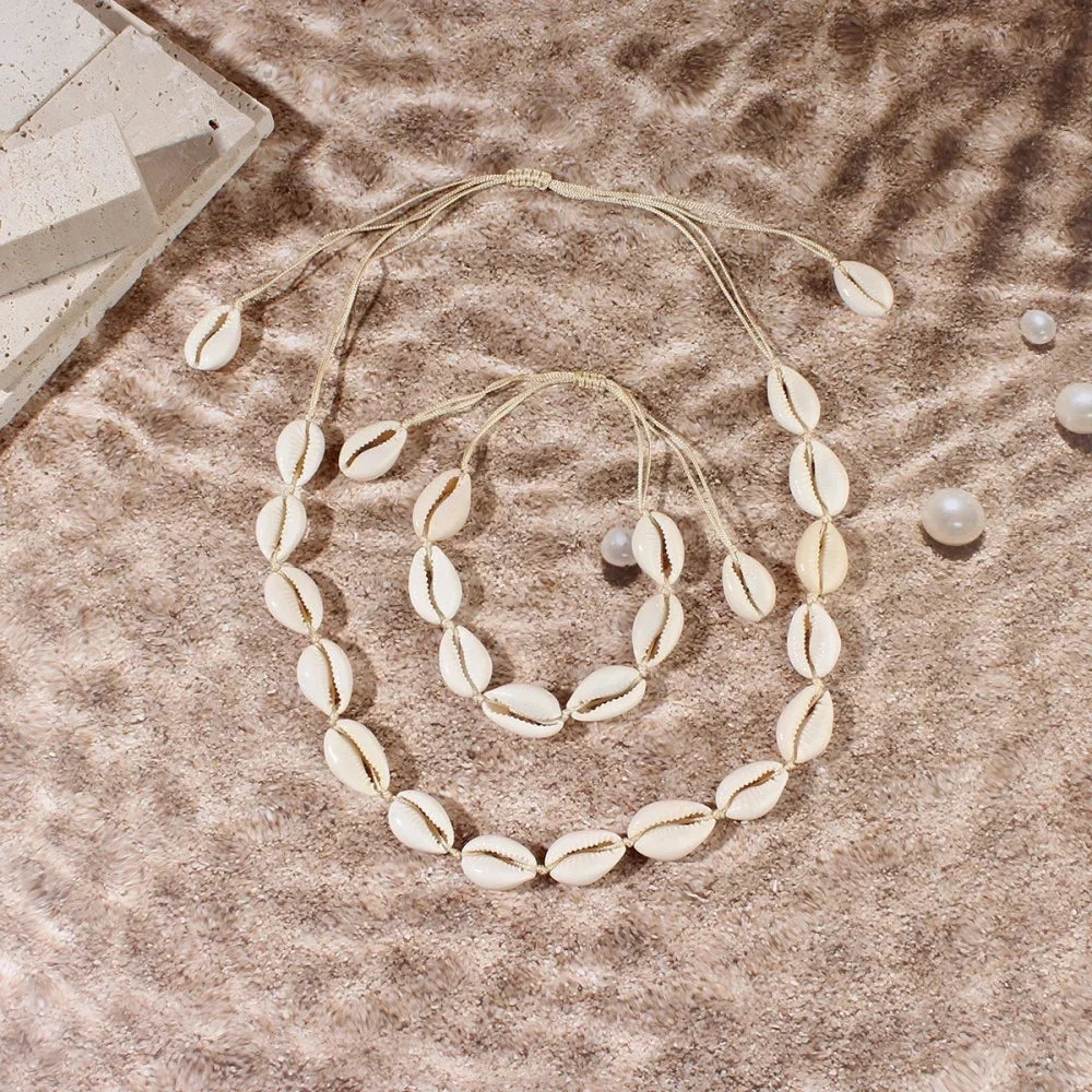 Bohemian Shell & Rope Chain Necklace Set – Hawaiian Ocean Collar Jewellery