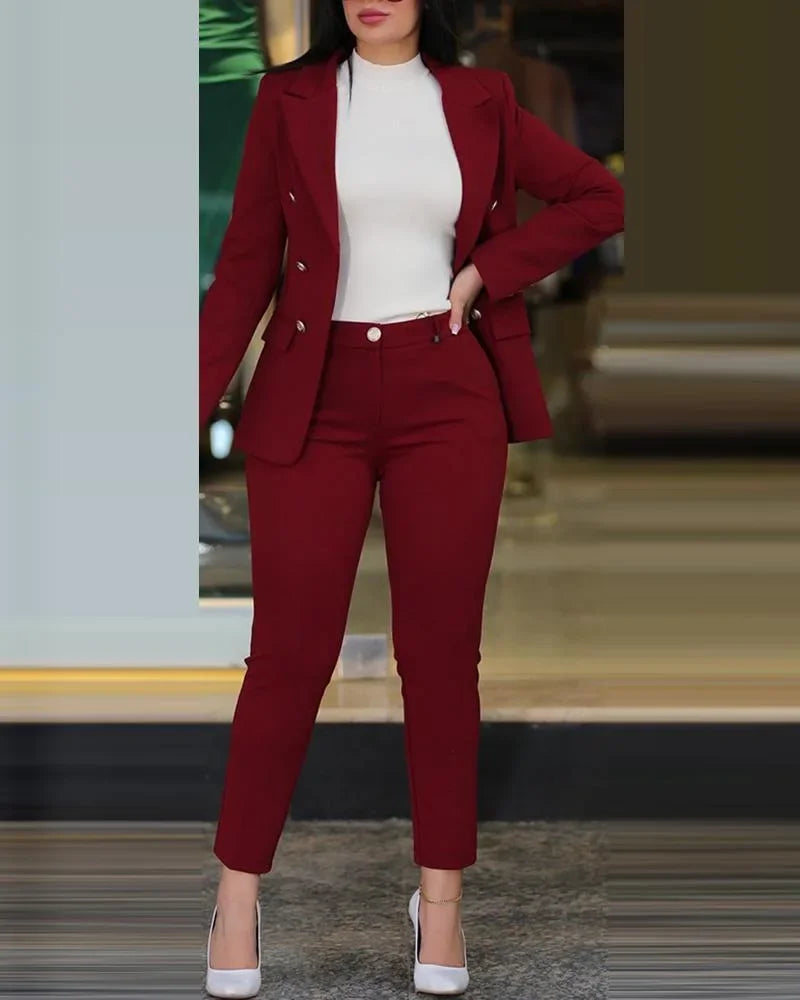 2-delige dameskledingset voor op kantoor: blazer met lange mouwen en potloodbroek met hoge taille, effen kleur