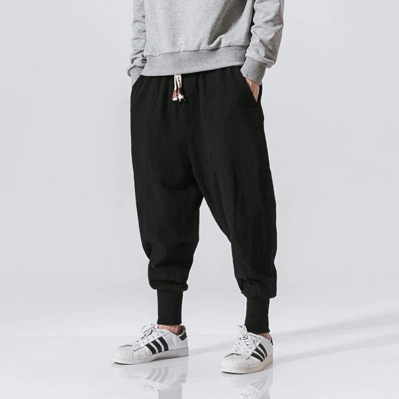 Chinese style Cotton Linen Harem Pants Men Solid Elastic Waist Streetwear Joggers Baggy Drop-crotch Pants Casual Trousers Men