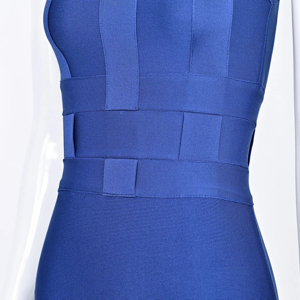 BEAUKEY 2025 New Trendy Vintage Woven Evening Bandage Dress Navy Blue Party Bodyon Dress Women Luxury Celebrity Elegant Dresses