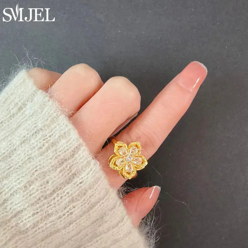 Bohemia Fidget Spinner Ring Anxiety for Women Multiple Crystal Flower Adjustable Open Rings Rotate Anti Stress Wedding Jewelry