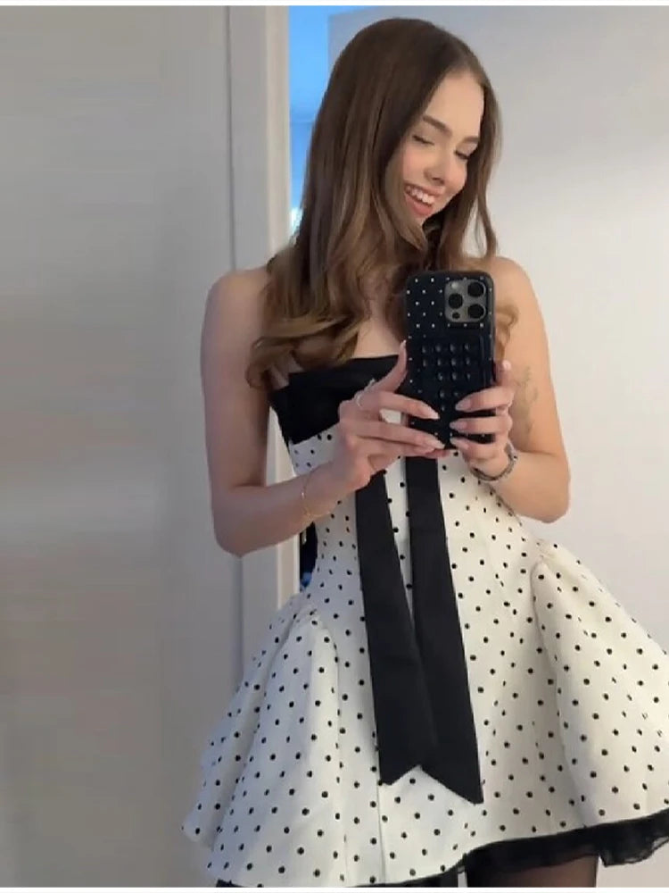 Vintage Sweet Polka Dot Mini Dress Strapless Bow Flared Skirt Dresses Women Birthday Party Cute Chic Playful Stylish Outfits