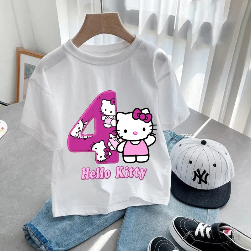 Hello Kitty Children Birthday Number 1-9 T-shirt Party Supply Gift Sanrio Cartoon Clothes Baby Tops Summer Short Sleeve T-shirts