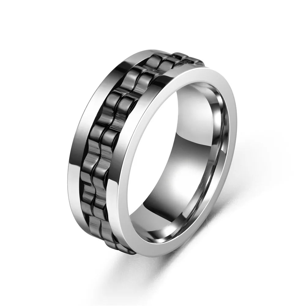 Anti Stress Stainless Steel Ring For Men Gear Chain Rotating Anxiety Relief Spinning Fidget Rings Punk Jewelry Size 6-13