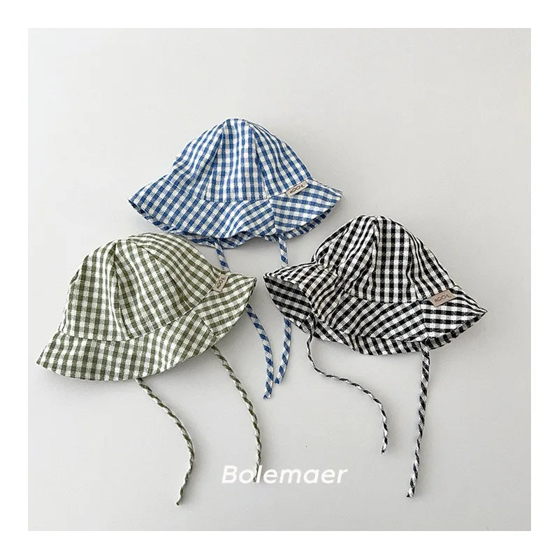 Wide Brim Summer Sun Hat For Baby Plaid Print Fisherman's Hat Children Cotton Bucket Cap For Boys Baby Girls Sunhat Kids Bonnet