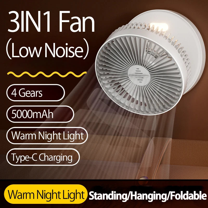 Rechargeable 3-in-1 Portable Fan with Night Light — Wall Mount, 90° Fold, 4 Speeds