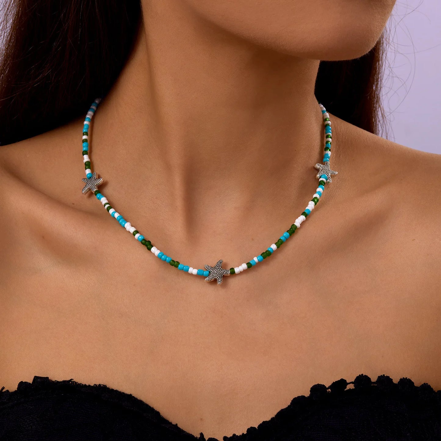 Handmade Seashell Beaded Choker – Starfish Pendant Ocean Inspired Necklace