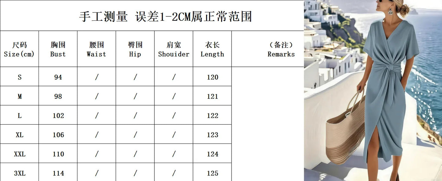 Women Dresses 2026 new fashion solid color wrapped lace-up V neck slit knot mid-calf dresses women's clothing vestidoes