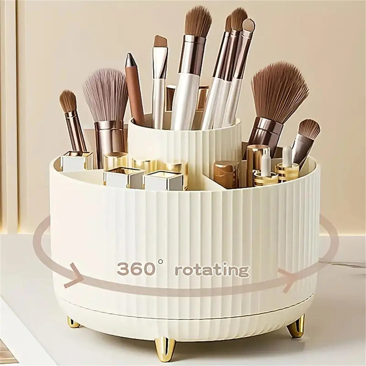 360° Rotating Makeup Organiser – 5-Compartment Cosmetic Storage for Brushes
