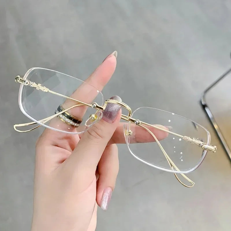 Square Rimless Eyeglasses Women Men Blue Light Blocking Glasses Designer Retro Shade Eyewear UV400 Silver Computer Glasses