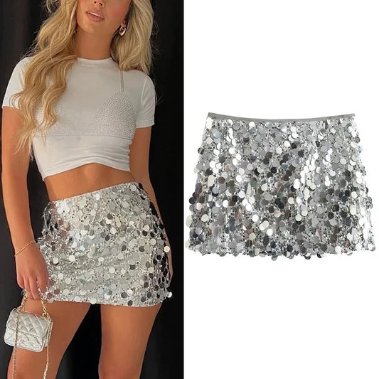 Silver Sequin Mini Skirt – High Waist Glitter Party Skirt for Women