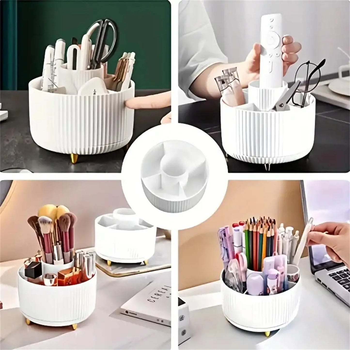 360° Rotating Makeup Organiser – 5-Compartment Cosmetic Storage for Brushes