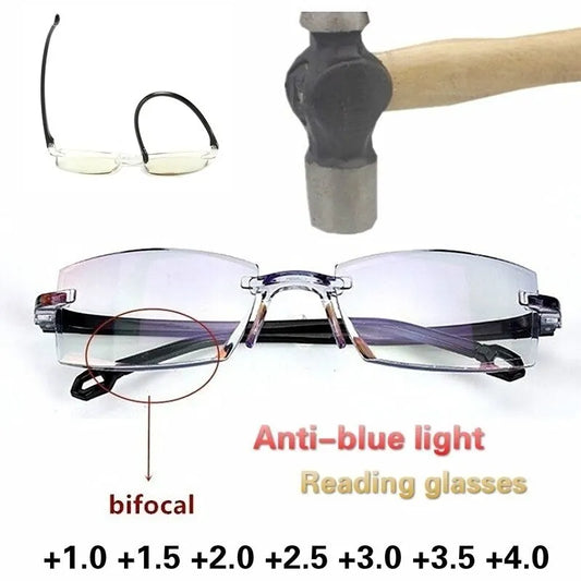 Rimless Bifocal Reading Glasses – Anti Blue Light Near & Far Magnification +1.5 to +2.0