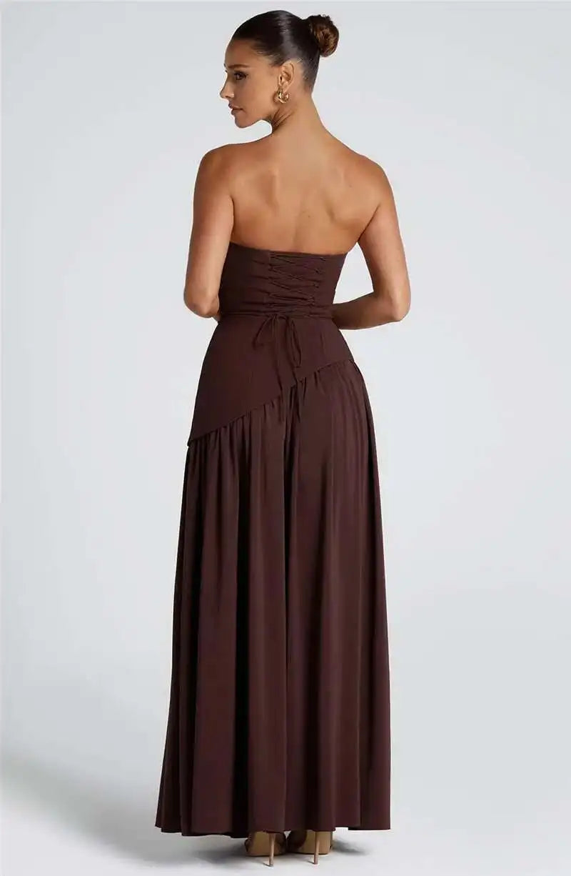 Elegant Off-shoulder Strapless Sexy Summer Party Women Gown Patchwork Pleat Scarf Neck Holiday Evening High Split Long Dresses