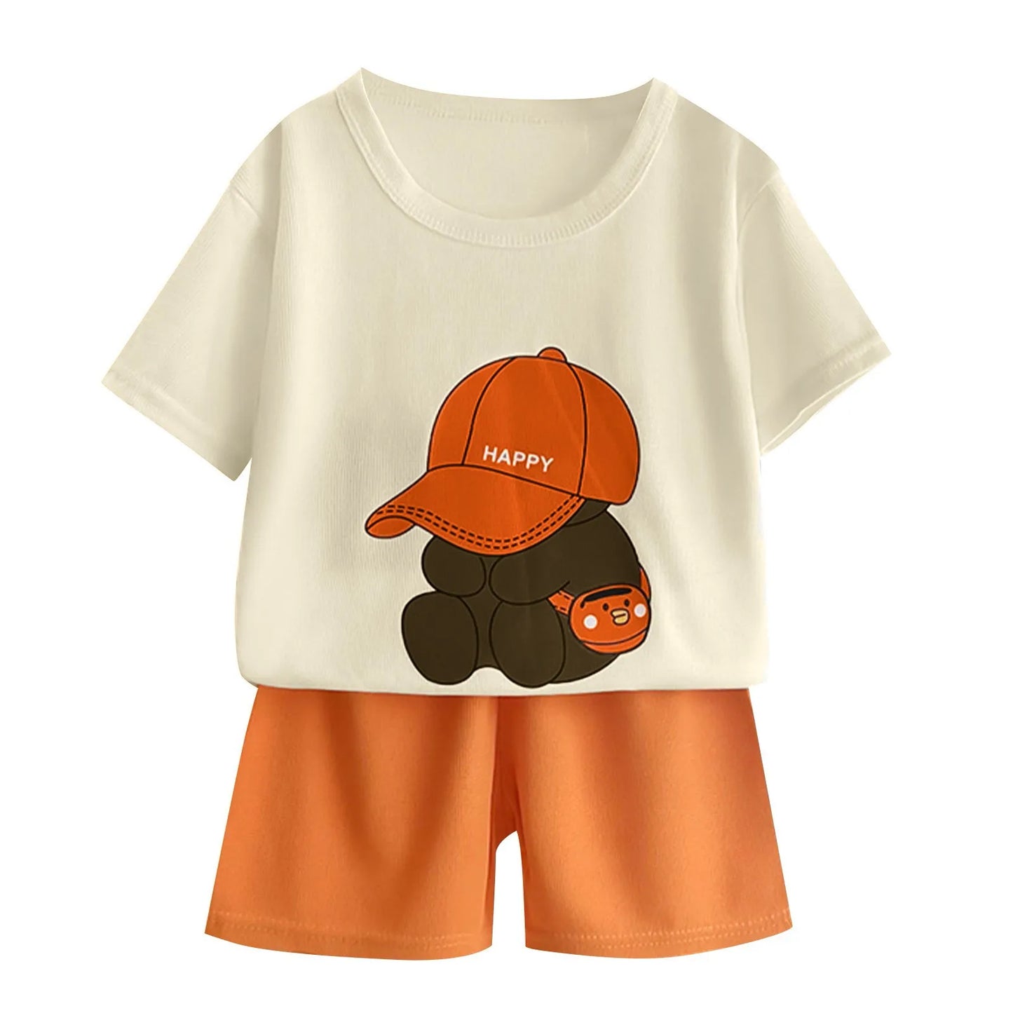 Children Boys 2pcs Tracksuits Cotton Bear Printed Short Sleeves+Shorts Kids Boys Outfits Loose Round Collar Little Boys Tee Suit