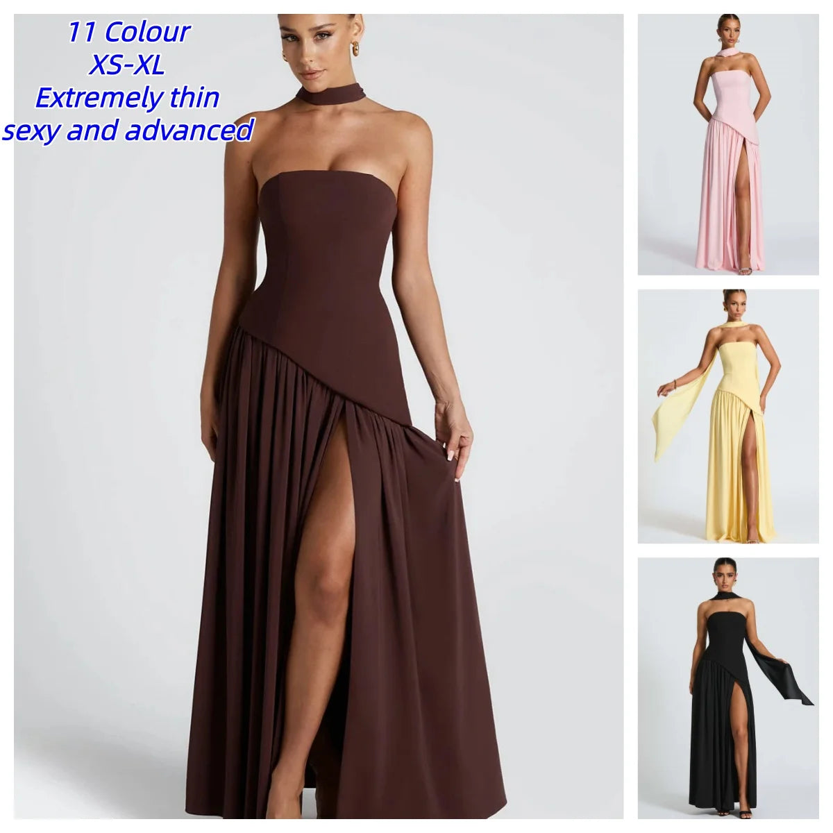 Elegant Off-shoulder Strapless Sexy Summer Party Women Gown Patchwork Pleat Scarf Neck Holiday Evening High Split Long Dresses
