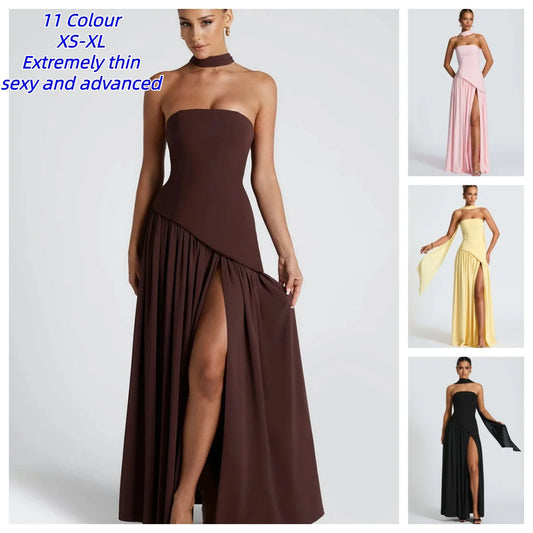 Women's Off-Shoulder Strapless Scarf Neck Evening Gown – High Split Long Party Dress
