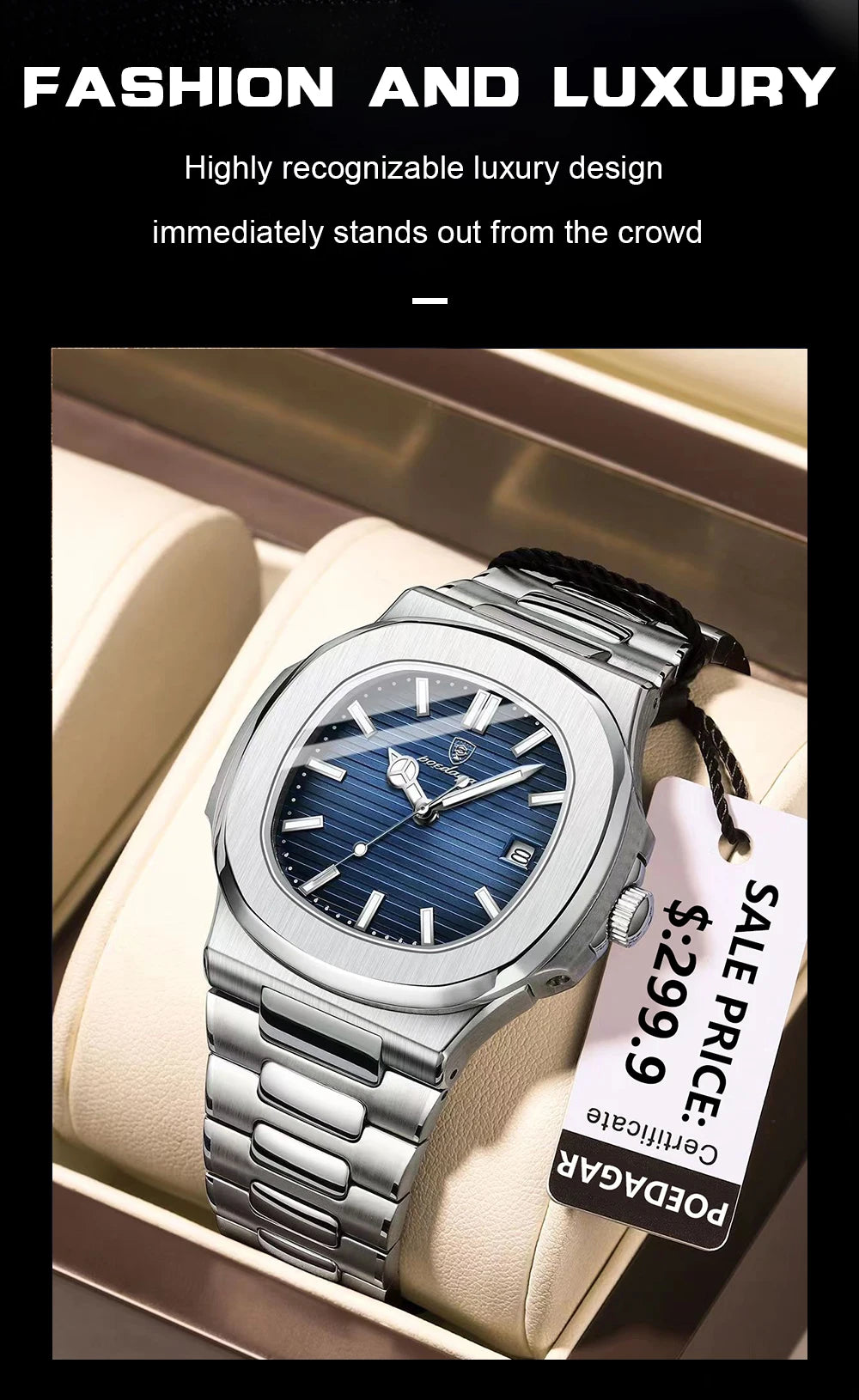 POEDAGAR Luxury Square Men Wristwatch Waterproof Luminous Date Stainless Steel Sports Male Clock Business Quartz Watches For Men