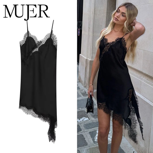 Women's Black Lace Satin Backless Asymmetric Party Slip Dress