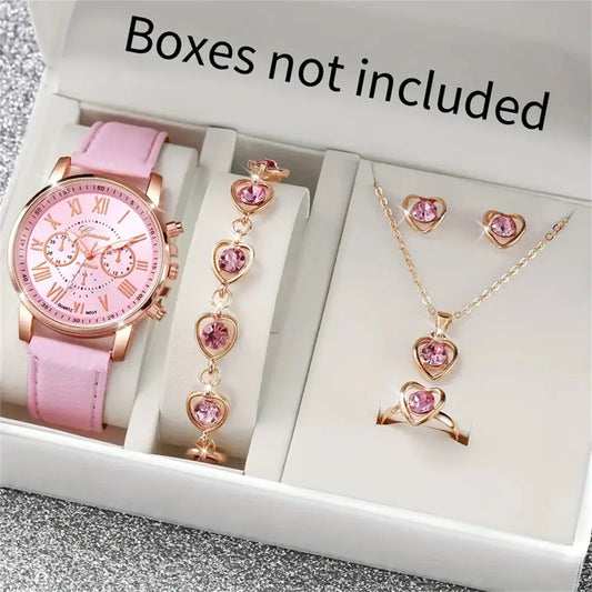 6-Piece Women's Watch & Jewellery Gift Set – Leather Band Heart Rhinestone