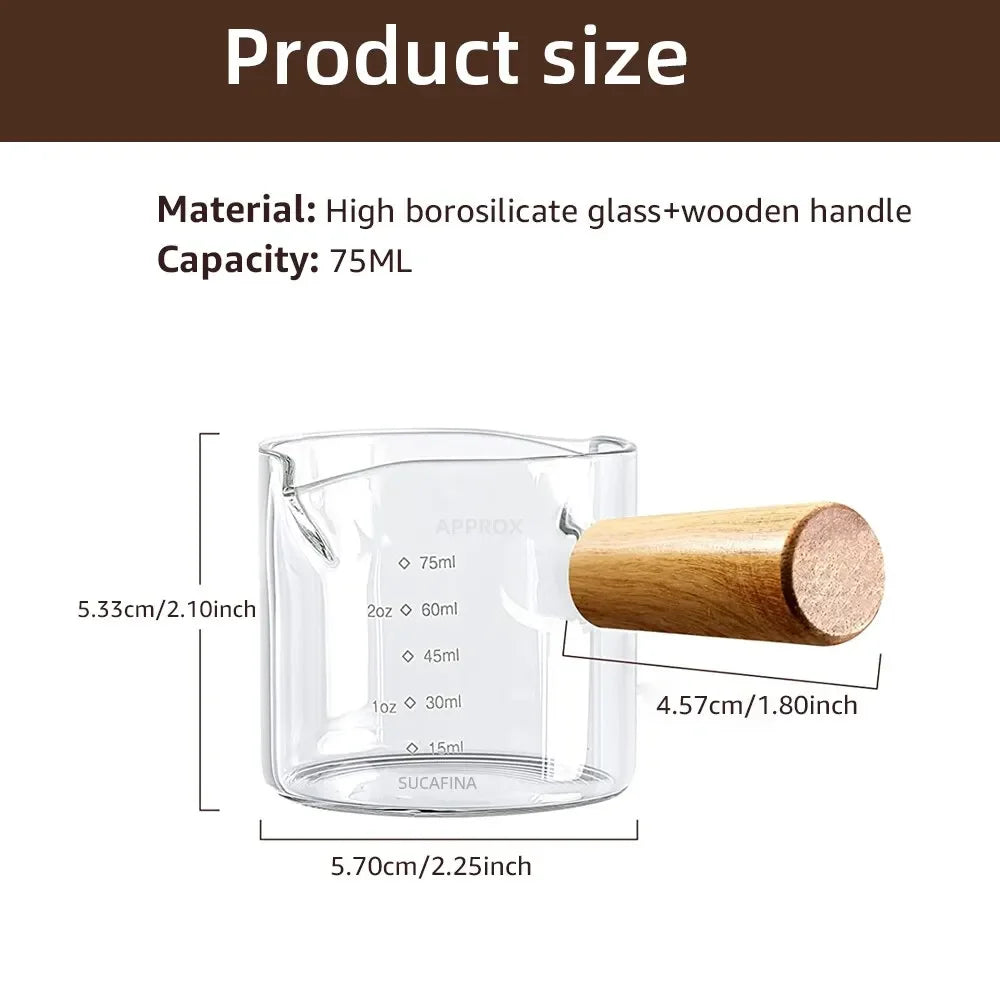 Glass Espresso Measuring Cup with Wooden Handle – Single & Double Shot Jug