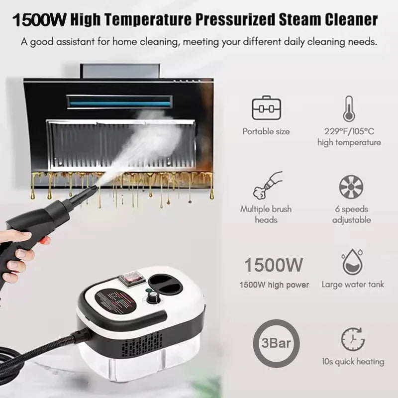 Handheld Pressurized Steam Cleaner – High-Temp Multi-Surface Deep Clean with Brush Heads