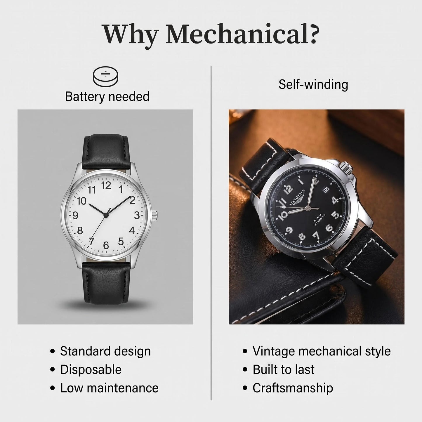 LONGLUX men automatic watch vintage pilot business classic military mechanical watches date waterproof luminous leather gift
