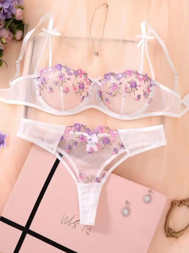 Women's Floral Embroidery Lace Lingerie Set – Sexy 2-Piece Underwear Bra & Briefs