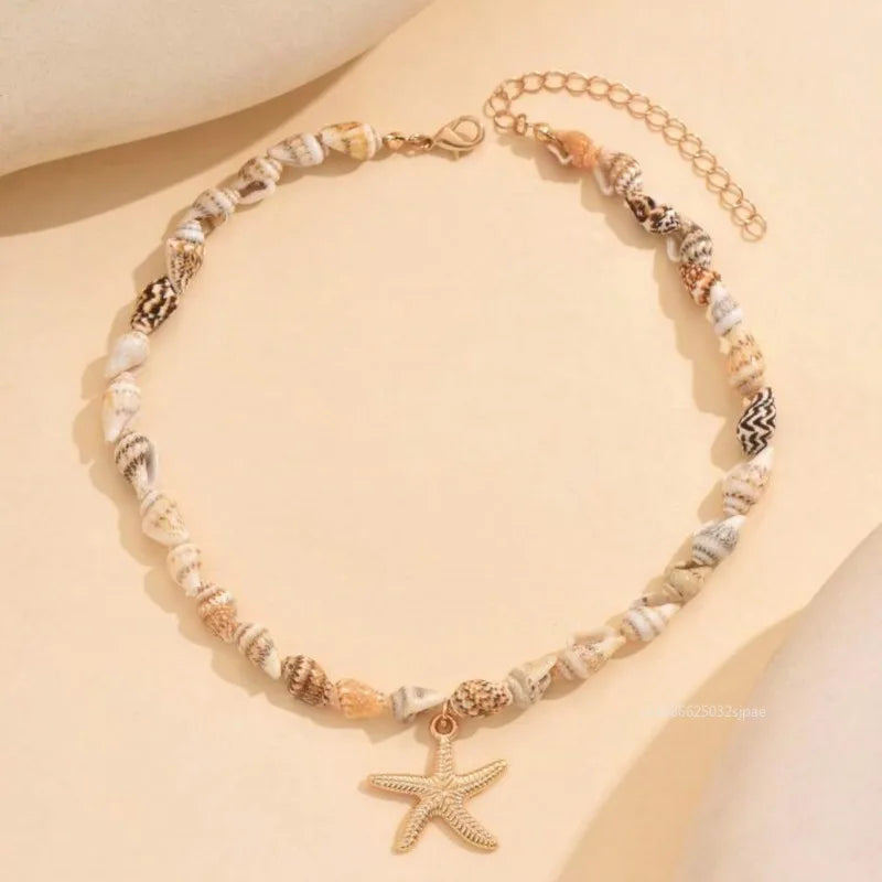 Natural Seashell Beaded Necklace Bohemian Beach Summer Ocean Style Seashell Starfish Pendant Choker Vacation Party Jewelry