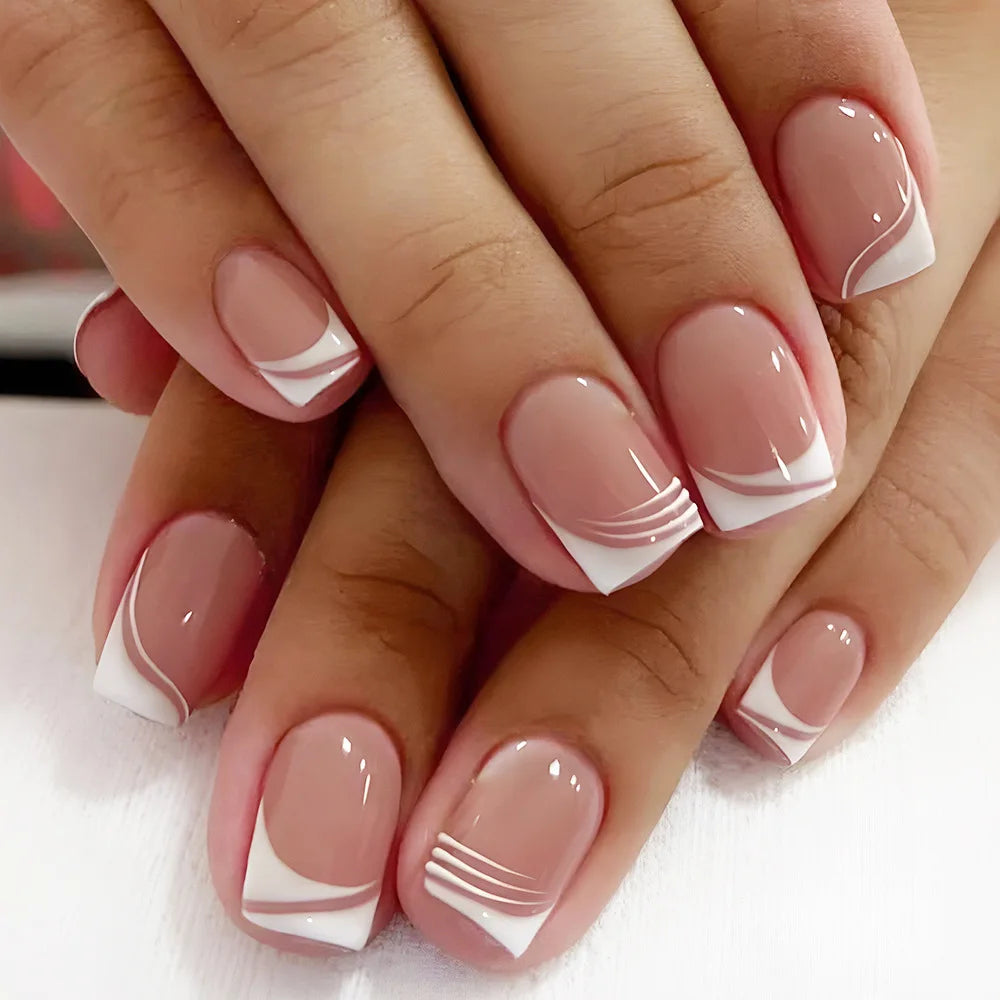 24pcs/set short square fake nails for women cute bride heart white french tips faux ongles y2k press on false nail supplies