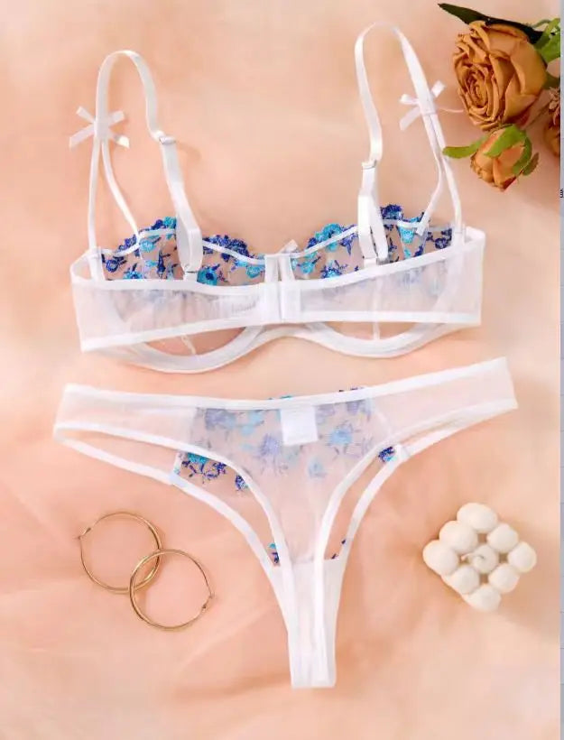 Women's Floral Embroidery Lace Lingerie Set – Sexy 2-Piece Underwear Bra & Briefs