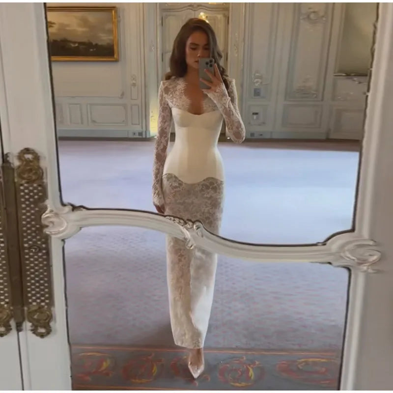 Lace Sheer Sweetheart Neck Maxi Dress Long Sleeve Corset Waist Mermaid Hem Bridal Gown 2026 Summer Elegant Form-Fitting Dresses