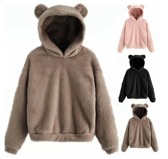 Autumn Winter Women's Hoodies Winter Women Long Sleeve Rabbit Ear Hood Sweatshirt Cute Plush Warm Casual Hoodie Tops