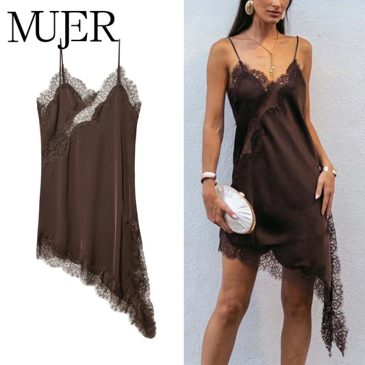 Women's Lace Satin Backless Asymmetric Mini Slip Dress