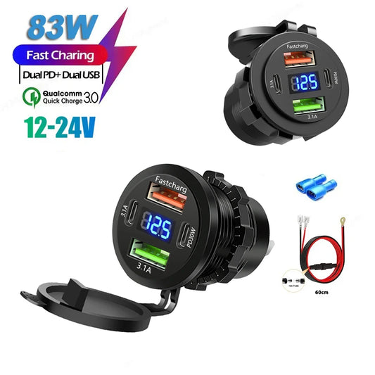4-Port Fast Charging Car Socket – Dual Type-C & USB with Voltmeter