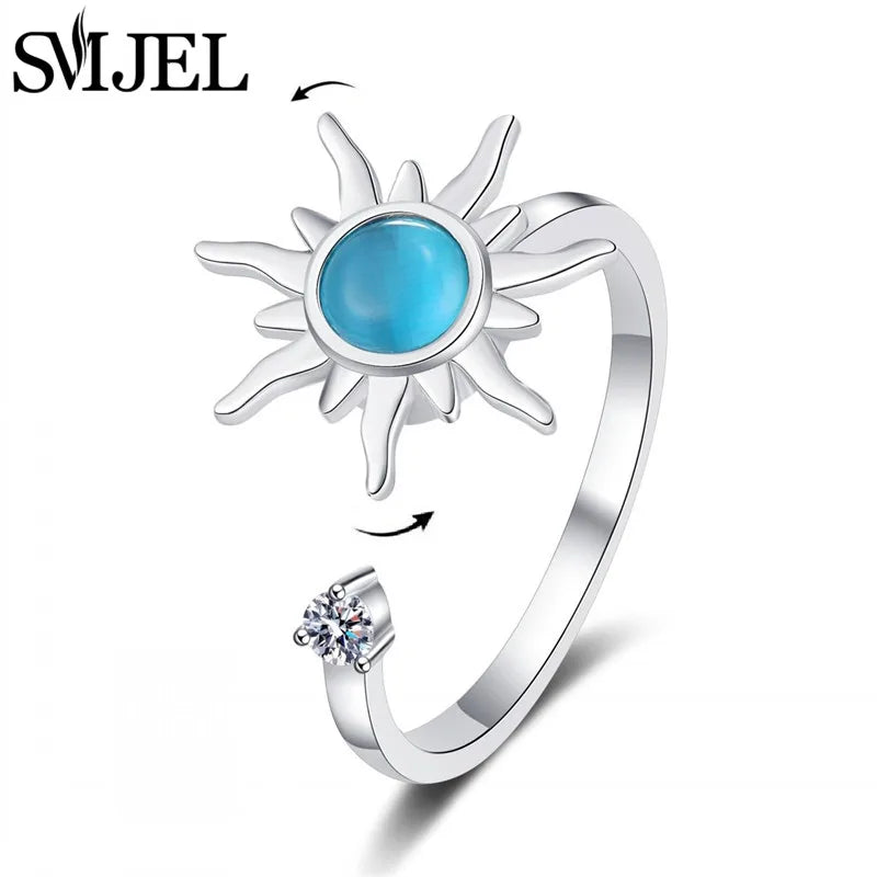 Bohemia Fidget Spinner Ring Anxiety for Women Multiple Crystal Flower Adjustable Open Rings Rotate Anti Stress Wedding Jewelry